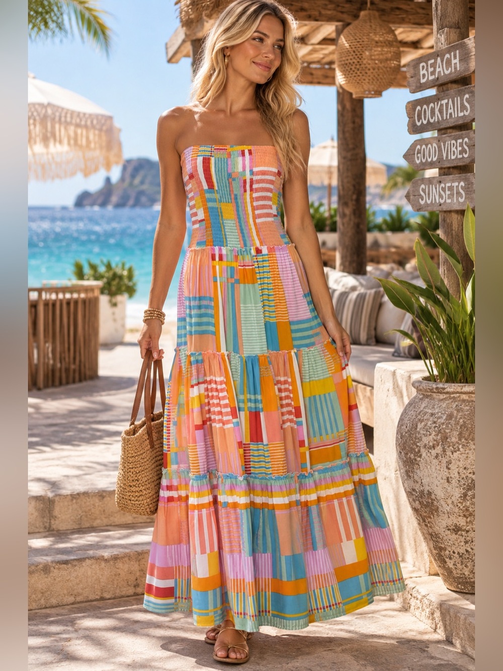 Abel The Label Maxi Dress M Strapless Smocked Tiered Multicolor Boho Resort